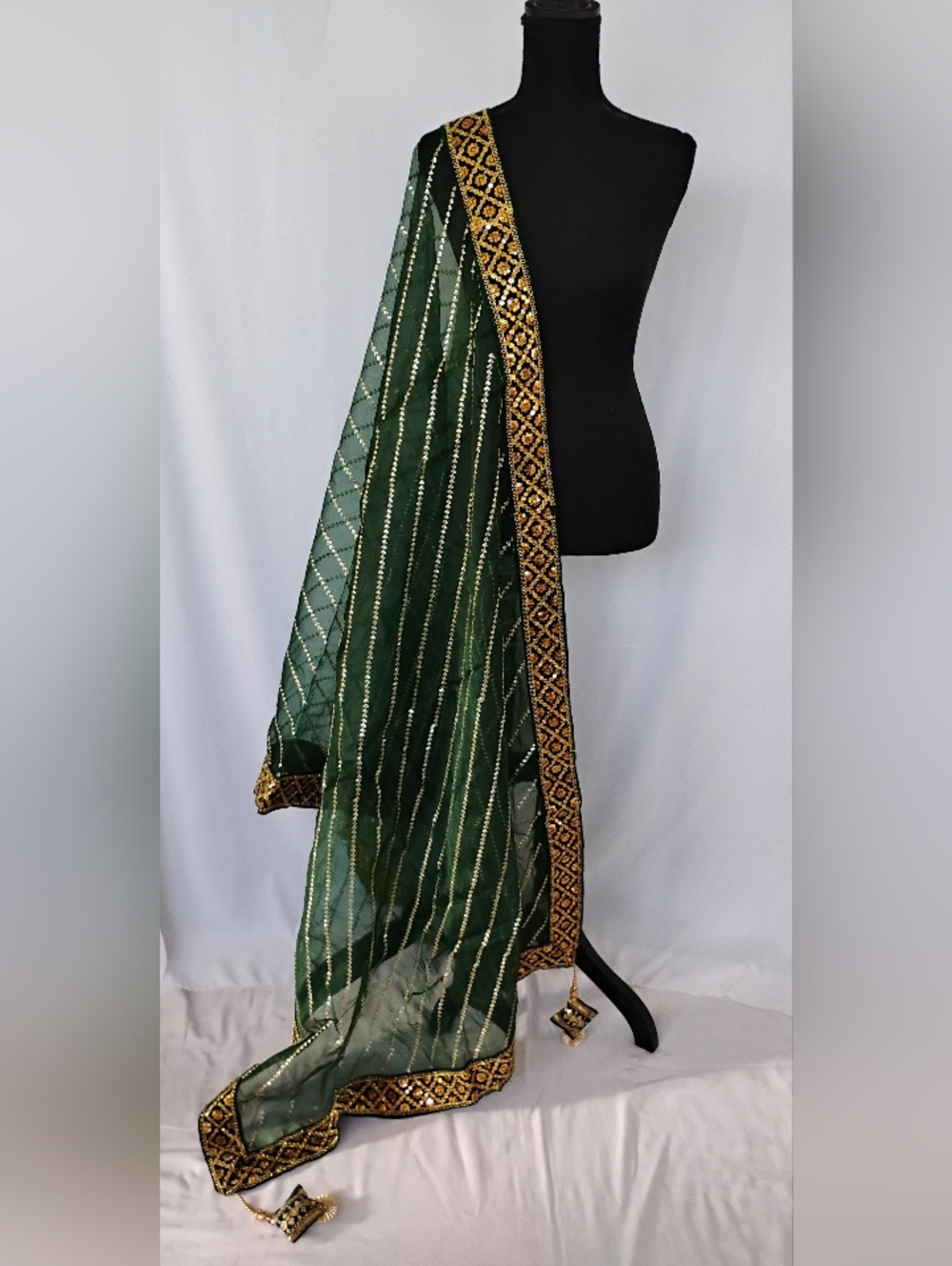 Embroidered Leheriya Green  Dupatta with Gold Border